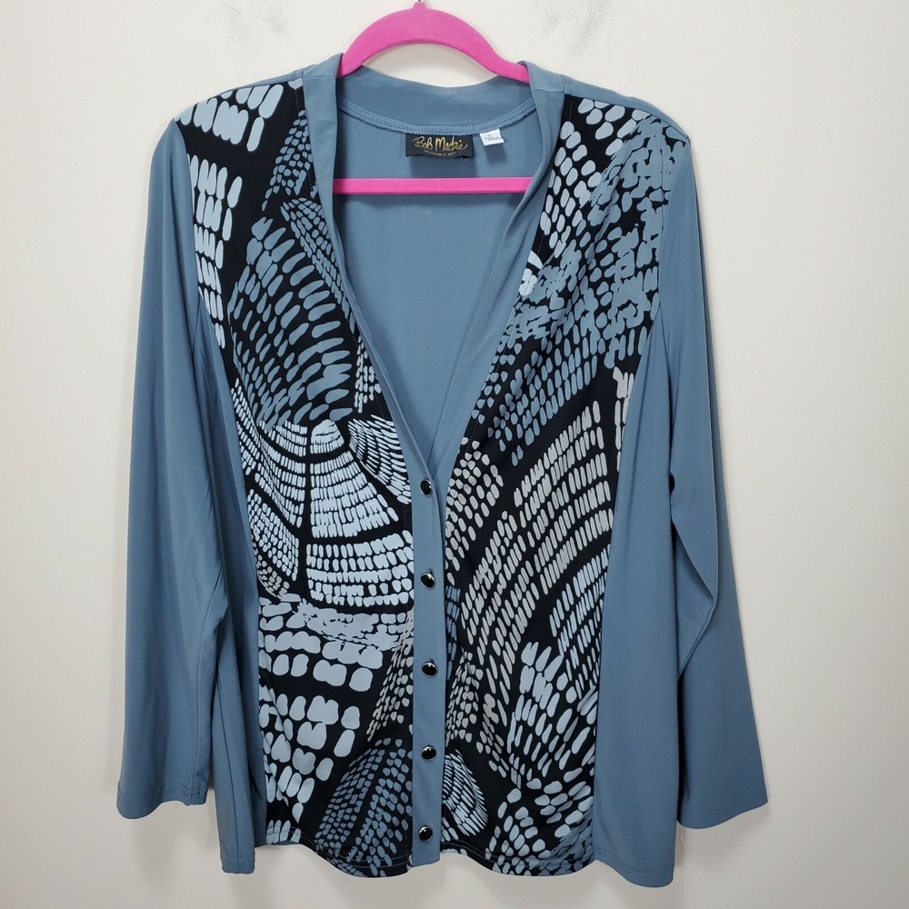 Bob Mackie Abstract Geometric Print Cardigan Button Up Size L Collarless‎ v neck